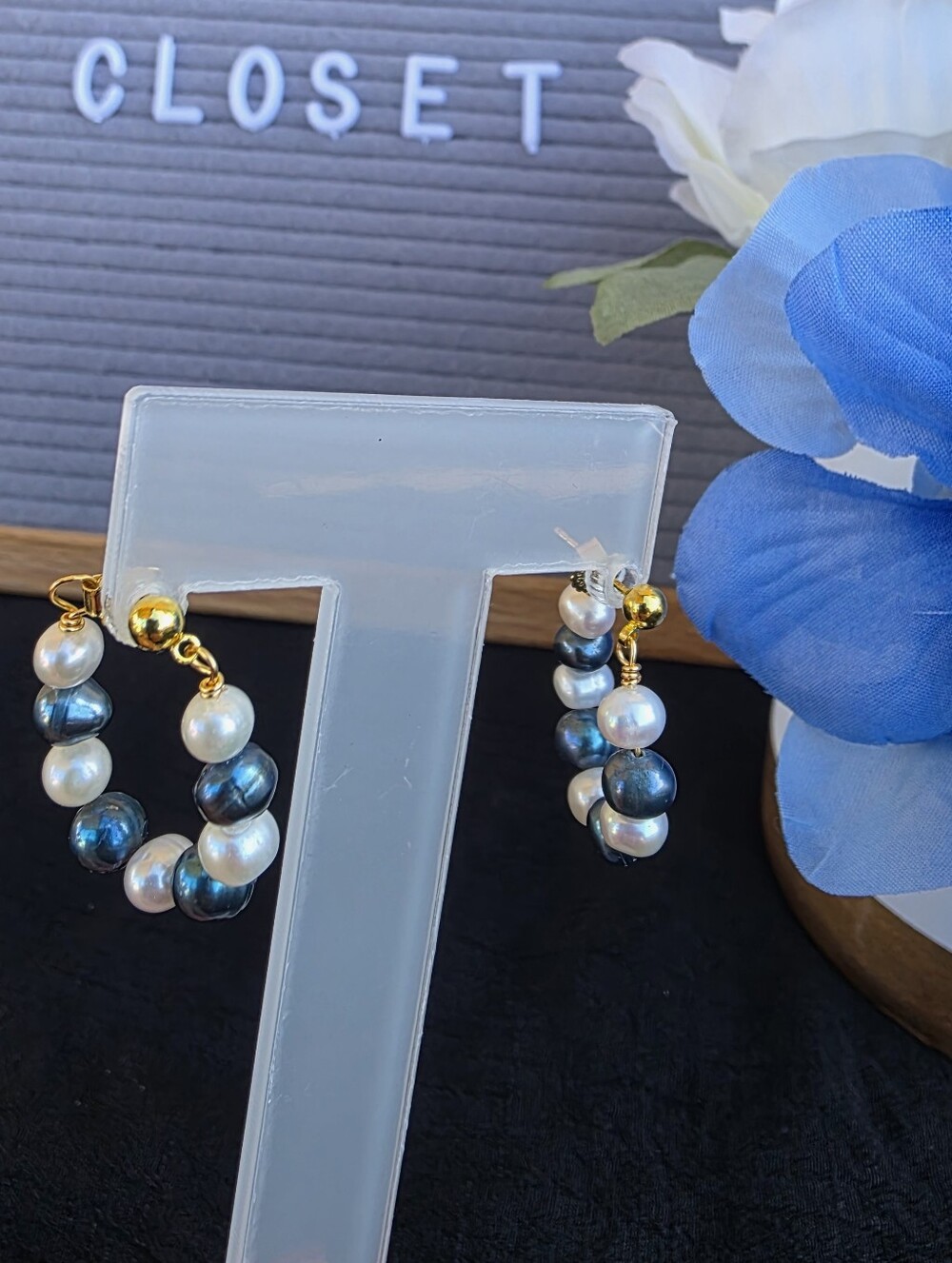 Handmade Two-Tone Pearl Hoop Earrings - Gold Accents S925
